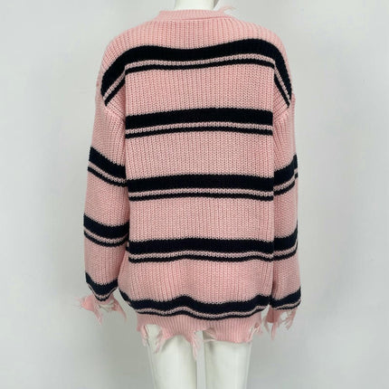 Women's Mid-length Contrast Striped Fringe Sweater Crew Neck Loose Knit Sweater