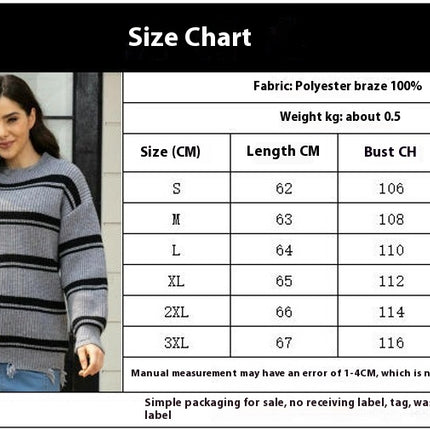 Women's Mid-length Contrast Striped Fringe Sweater Crew Neck Loose Knit Sweater