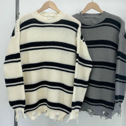 Women's Mid-length Contrast Striped Fringe Sweater Crew Neck Loose Knit Sweater