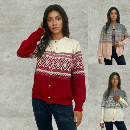 Women's Jacquard Knit Cardigan Round Neck Button Colorblock Loose Sweater Jacket