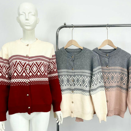 Women's Jacquard Knit Cardigan Round Neck Button Colorblock Loose Sweater Jacket