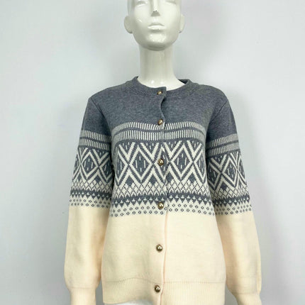Women's Jacquard Knit Cardigan Round Neck Button Colorblock Loose Sweater Jacket