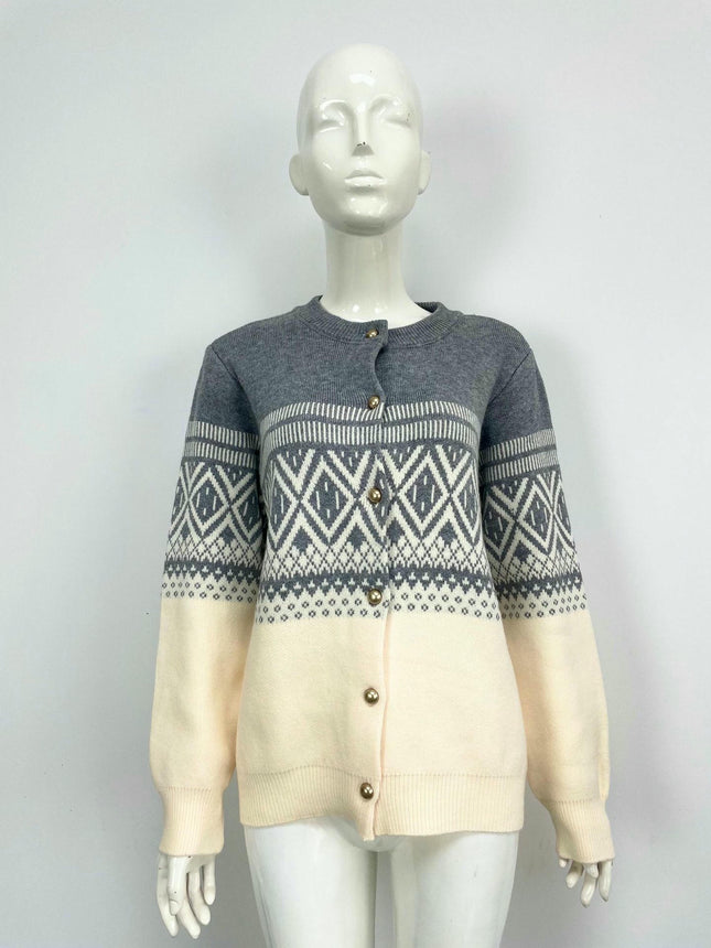 Women's Jacquard Knit Cardigan Round Neck Button Colorblock Loose Sweater Jacket