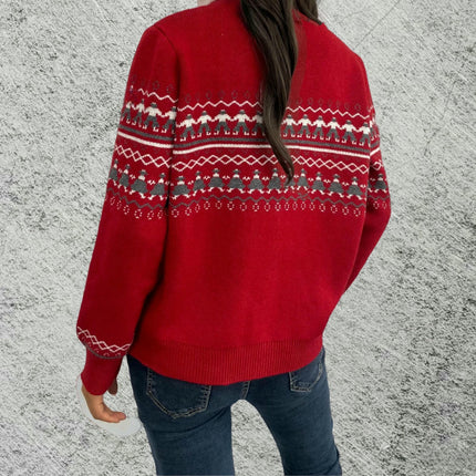 Women's Jacquard Knit Cardigan Round Neck Button Casual Sweater Jacket