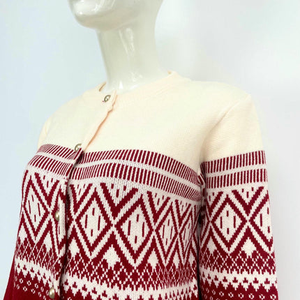 Women's Jacquard Knit Cardigan Round Neck Button Colorblock Loose Sweater Jacket