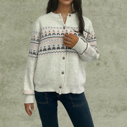 Women's Jacquard Knit Cardigan Round Neck Button Casual Sweater Jacket