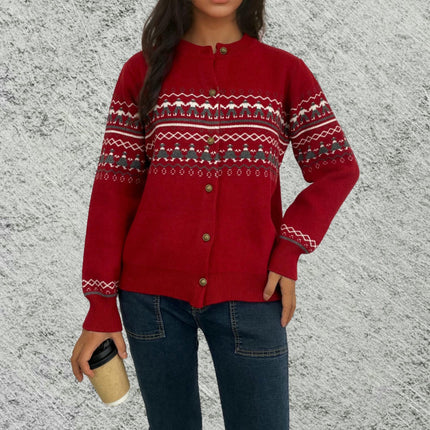 Women's Jacquard Knit Cardigan Round Neck Button Casual Sweater Jacket