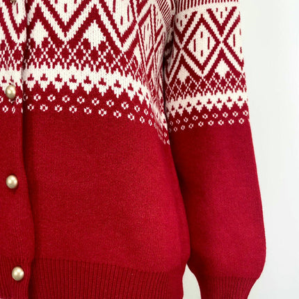 Women's Jacquard Knit Cardigan Round Neck Button Colorblock Loose Sweater Jacket