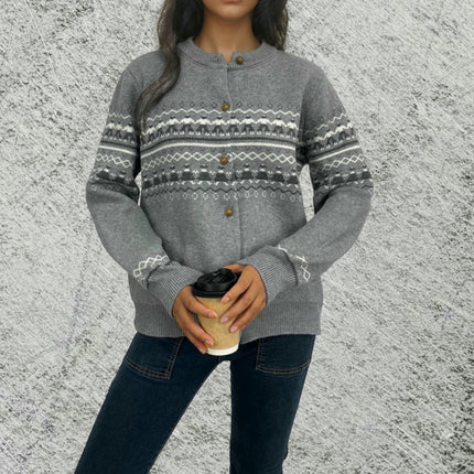 Women's Jacquard Knit Cardigan Round Neck Button Casual Sweater Jacket