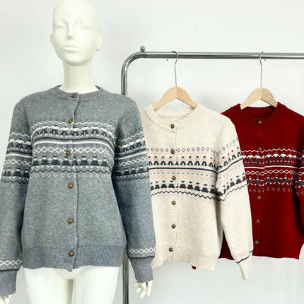 Women's Jacquard Knit Cardigan Round Neck Button Casual Sweater Jacket