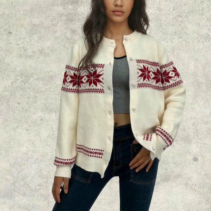 Women's Jacquard Knit Cardigan Loose Round Neck Button Sweater Cardigan