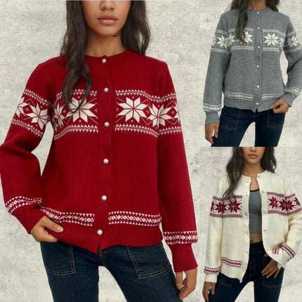 Women's Jacquard Knit Cardigan Loose Round Neck Button Sweater Cardigan