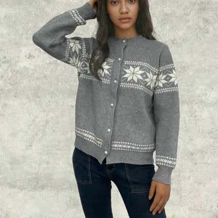 Women's Jacquard Knit Cardigan Loose Round Neck Button Sweater Cardigan