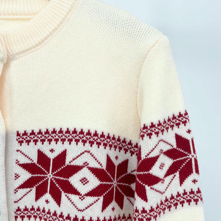 Women's Jacquard Knit Cardigan Loose Round Neck Button Sweater Cardigan