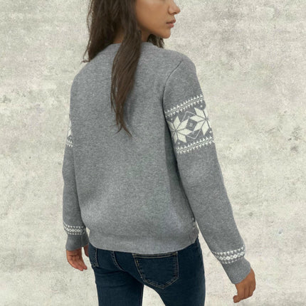 Women's Jacquard Knit Cardigan Loose Round Neck Button Sweater Cardigan