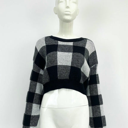 Women's Plaid Contrast Color Pullover Sweater Loose Cropped Long Sleeve Cardigan