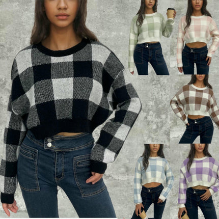 Women's Plaid Contrast Color Pullover Sweater Loose Cropped Long Sleeve Cardigan