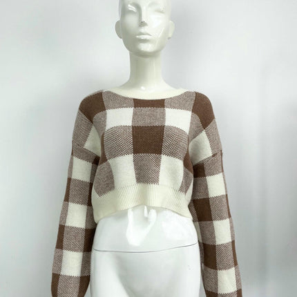 Women's Plaid Contrast Color Pullover Sweater Loose Cropped Long Sleeve Cardigan