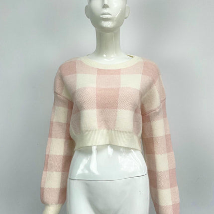 Women's Plaid Contrast Color Pullover Sweater Loose Cropped Long Sleeve Cardigan