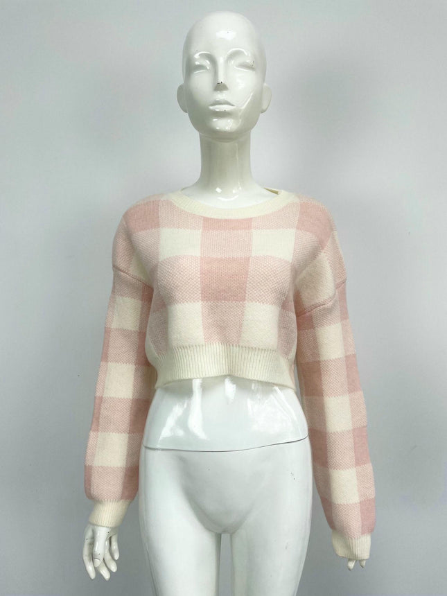 Women's Plaid Contrast Color Pullover Sweater Loose Cropped Long Sleeve Cardigan