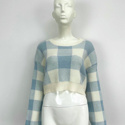 Women's Plaid Contrast Color Pullover Sweater Loose Cropped Long Sleeve Cardigan