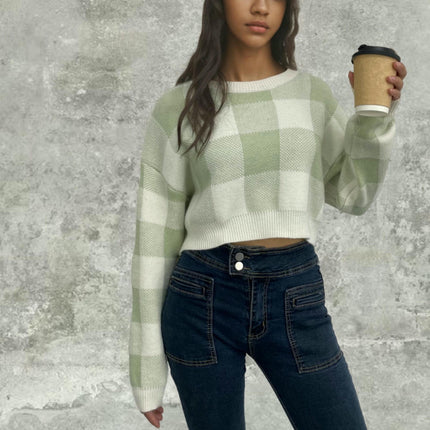 Women's Plaid Contrast Color Pullover Sweater Loose Cropped Long Sleeve Cardigan