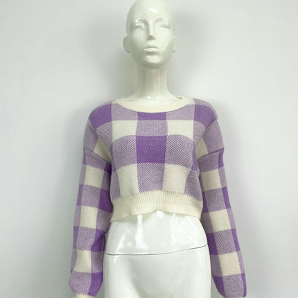 Women's Plaid Contrast Color Pullover Sweater Loose Cropped Long Sleeve Cardigan