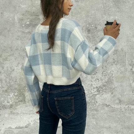 Women's Plaid Contrast Color Pullover Sweater Loose Cropped Long Sleeve Cardigan