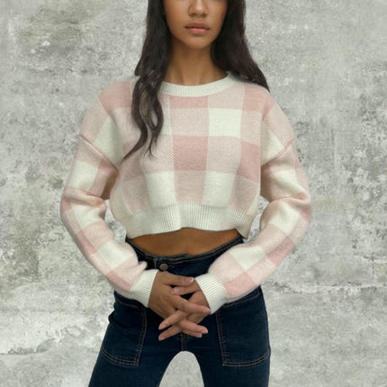Women's Plaid Contrast Color Pullover Sweater Loose Cropped Long Sleeve Cardigan