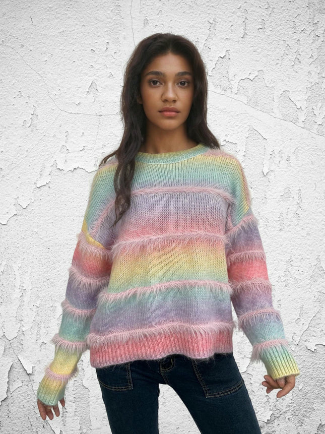 Women's Rainbow Striped Faux Mink Fleece Pullover Loose Long Sleeve Sweater
