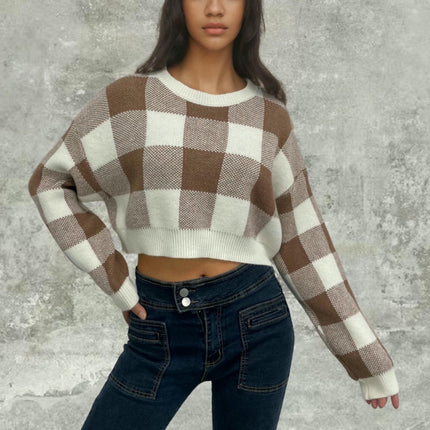 Women's Plaid Contrast Color Pullover Sweater Loose Cropped Long Sleeve Cardigan