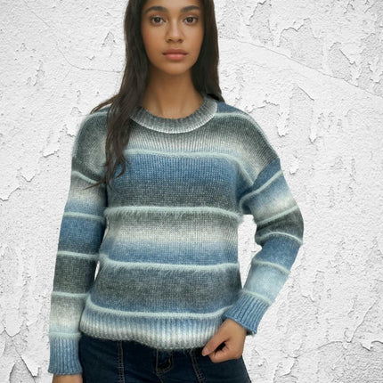 Women's Rainbow Striped Faux Mink Fleece Pullover Loose Long Sleeve Sweater