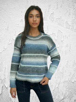 Women's Rainbow Striped Faux Mink Fleece Pullover Loose Long Sleeve Sweater