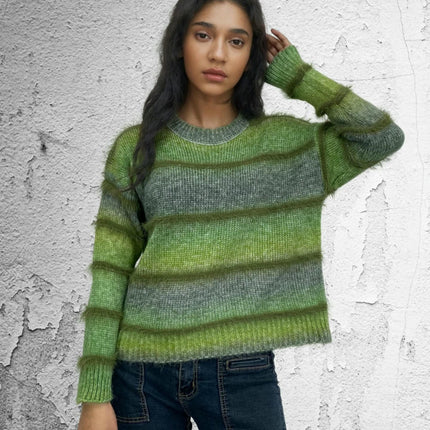 Women's Rainbow Striped Faux Mink Fleece Pullover Loose Long Sleeve Sweater