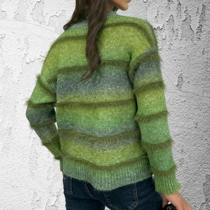 Women's Rainbow Striped Faux Mink Fleece Pullover Loose Long Sleeve Sweater