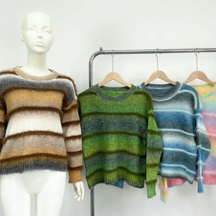 Women's Rainbow Striped Faux Mink Fleece Pullover Loose Long Sleeve Sweater