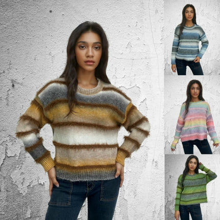 Women's Rainbow Striped Faux Mink Fleece Pullover Loose Long Sleeve Sweater