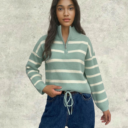 Women's Half Zip Striped Pullover Sweater Long Sleeve Shirt Collar Casual Tops