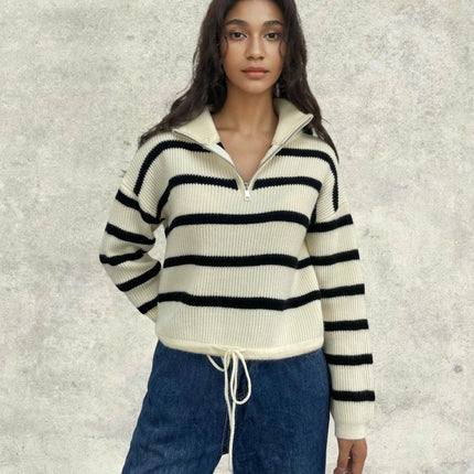 Women's Half Zip Striped Pullover Sweater Long Sleeve Shirt Collar Casual Tops