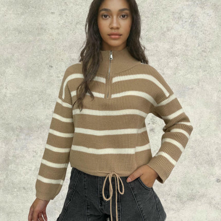 Women's Half Zip Striped Pullover Sweater Long Sleeve Shirt Collar Casual Tops