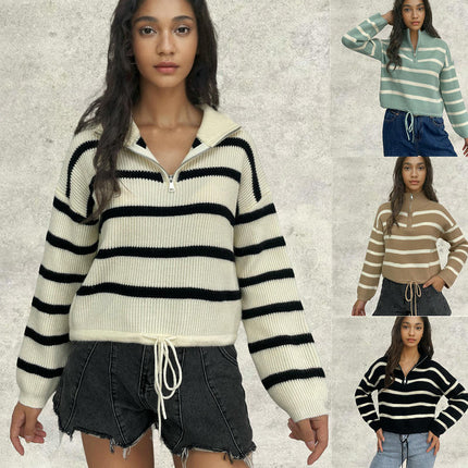 Women's Half Zip Striped Pullover Sweater Long Sleeve Shirt Collar Casual Tops