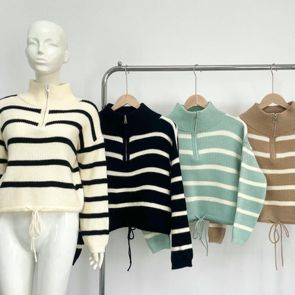 Women's Half Zip Striped Pullover Sweater Long Sleeve Shirt Collar Casual Tops