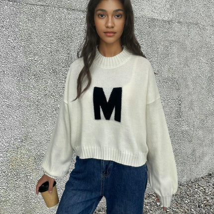 Women's Letter Print Pullover Knit Sweater Round Neck Loose Contrast Color Top