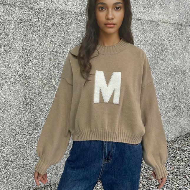 Women's Letter Print Pullover Knit Sweater Round Neck Loose Contrast Color Top