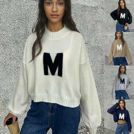 Women's Letter Print Pullover Knit Sweater Round Neck Loose Contrast Color Top