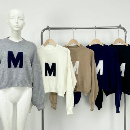 Women's Letter Print Pullover Knit Sweater Round Neck Loose Contrast Color Top