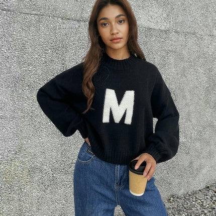 Women's Letter Print Pullover Knit Sweater Round Neck Loose Contrast Color Top