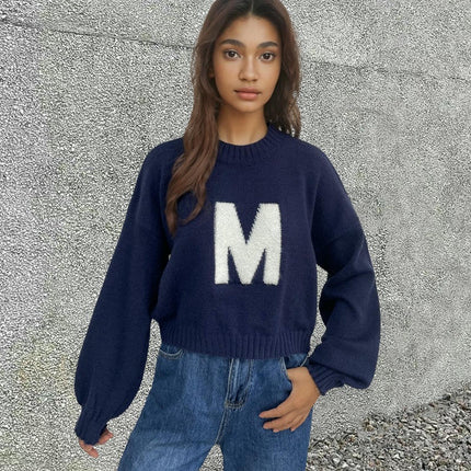 Women's Letter Print Pullover Knit Sweater Round Neck Loose Contrast Color Top