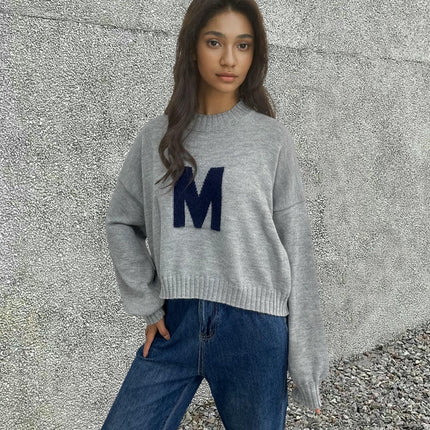 Women's Letter Print Pullover Knit Sweater Round Neck Loose Contrast Color Top