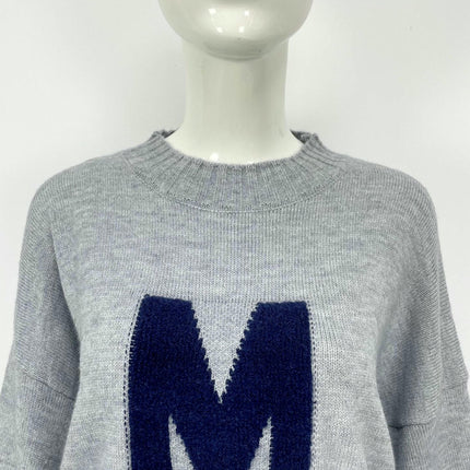 Women's Letter Print Pullover Knit Sweater Round Neck Loose Contrast Color Top